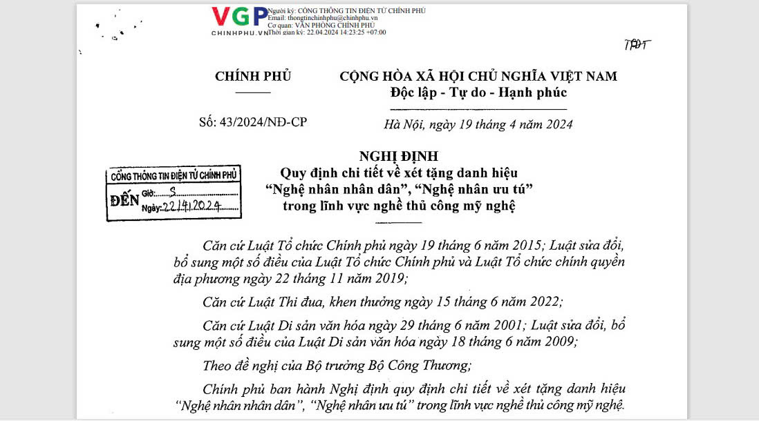 TIÊU CHUẨN XÉT NGHỆ NHÂN ƯU TÚ, NGHỆ NHÂN NHÂN DÂN NGÀNH MỸ NGHỆ KIM HOÀN THEO NGHỊ ĐỊNH 